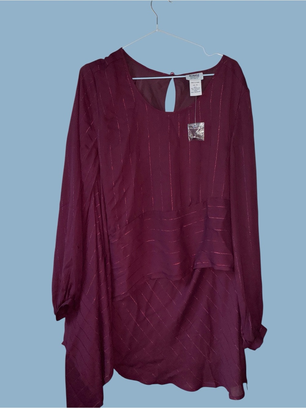 Monroe & Main Plum Layered Long-Sleeve Blouse with Metallic Pinstripes. Size XL